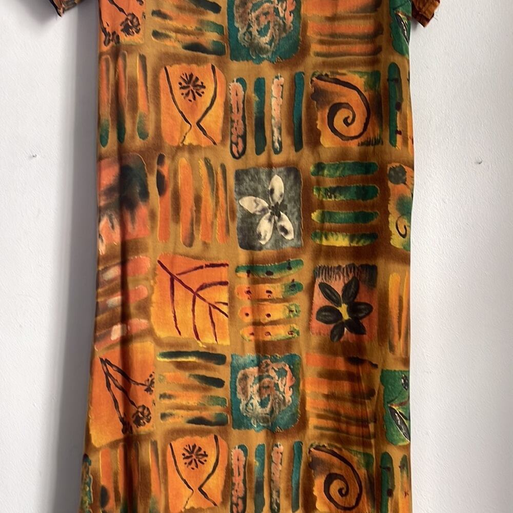 Vintage 90’s Y2K batik print tie back scoop neck shirt sleeve maxi dress sz M - Picture 4 of 9